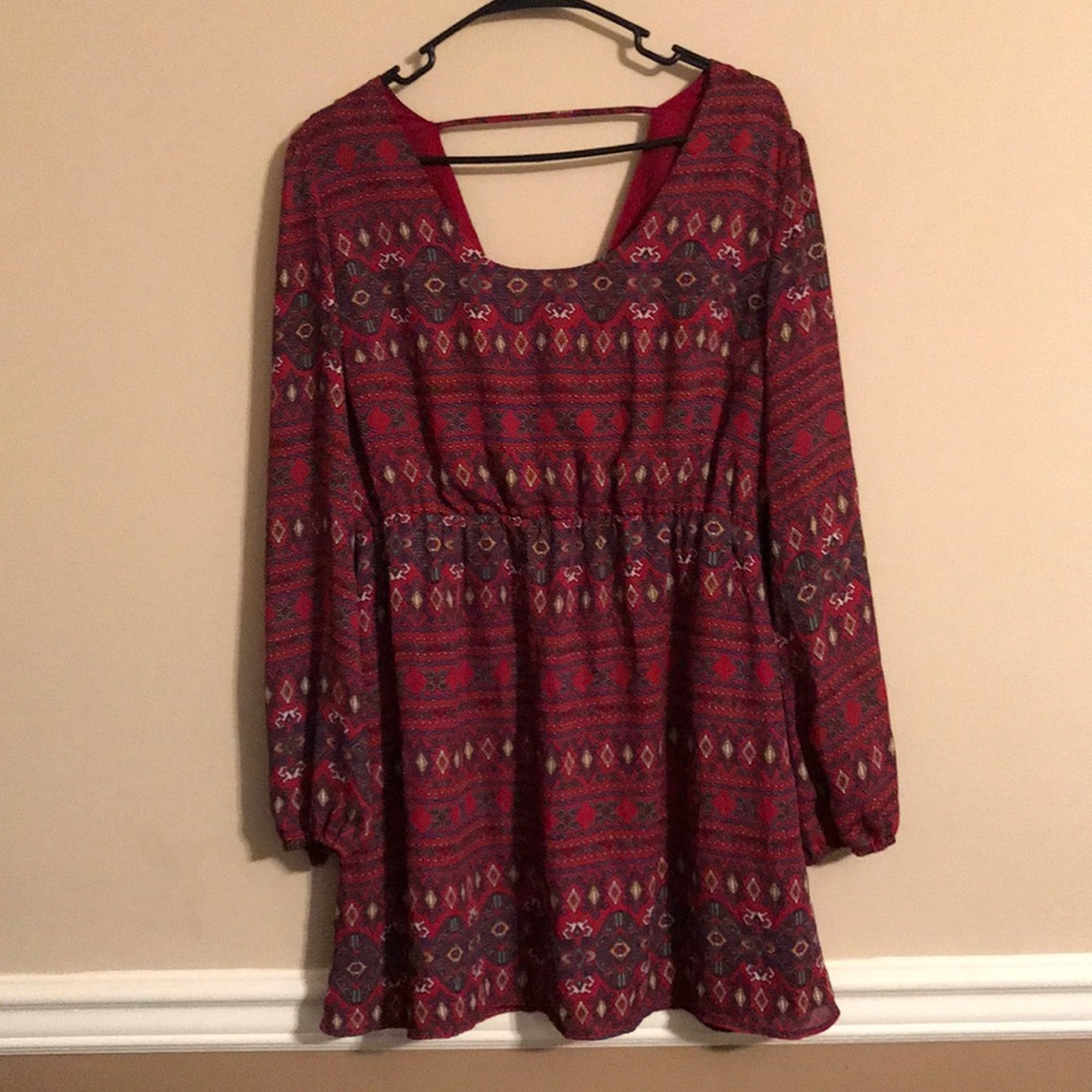Long sleeved, cranberry print dress